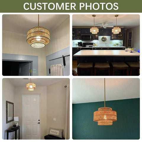 Customer photos of Downright Stunning Handwoven Rattan Pendant Light That Definitely Gives A Super Chill Boho Vibe And Lets Smooth Ambient Lighting Warm Up Your Cozy Kitchen Island in various settings.