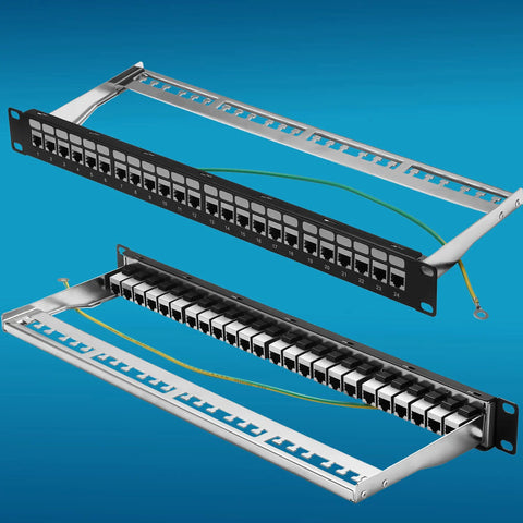 24 Port Cat6A Patch Panel With Inline Keystone 10G Support STP Shielded 19 Inch 1U Network Panel front and side view