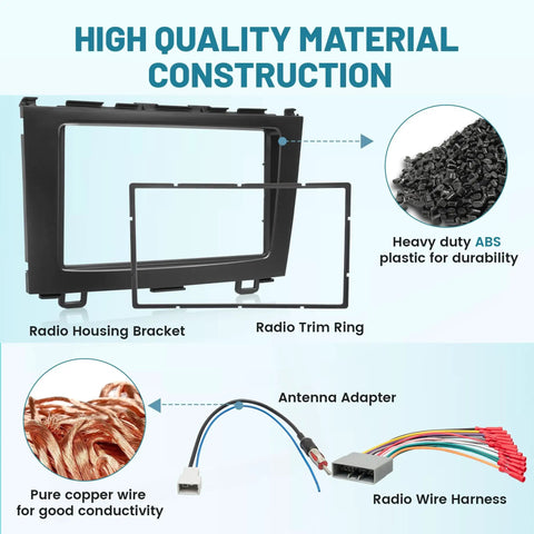 Double DIN Car Radio Dash Kit With Wire Harness For Honda CRV 2007 2008 2009 2010 2011 Grab And Go Stereo Install Kit For CRV With Mounting Hardware Easy Installation components shown with labels