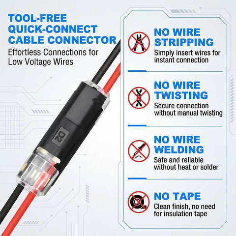 Double Wire Plug In Connector Kit For Low Voltage LED Light Strips With Locking Buckle, 2 Pin quick disconnect connector with red and black wires
