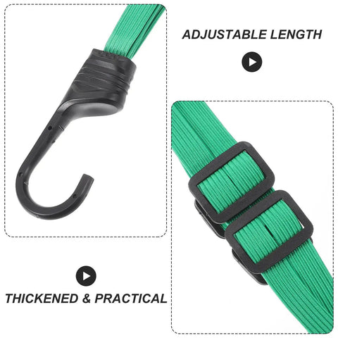Elastic Helmet Belt Bungee Cord For Motorcycles And Bikes With Seriously Strong Hold Nylon And Rubber Lashing Strap. Green hook and fastening detail.