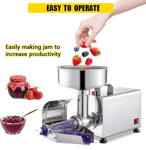 Premium 220 Stainless Steel Commercial Electric Food Strainer And Press Machine For Puree, Sauce, And Juice Making with fresh berries being added.