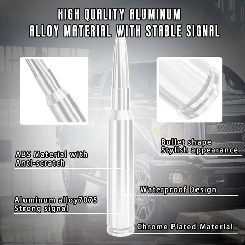 Chrome Bullet Antenna With Valve Stem Caps Mast For Chevy Silverado Ford F Series Denali Jeep Trucks Car Wash Safe