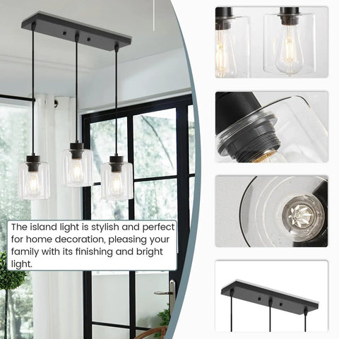 Sleek Black Three Light Pendant Fixtures Hit Different In Modern Kitchen Islands Or Dining Rooms Adjustable Clear Glass Shade Lamps With Killer Style, showcasing three hanging lamps.