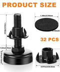 Kick The Wobble Adjustable Leveling Feet With T Nut Kit And Anti Skid Pads For Heavy Duty Tables Chairs Desks Cabinets 32 Piece Metal Leg Setup Matte Black measurements and components
