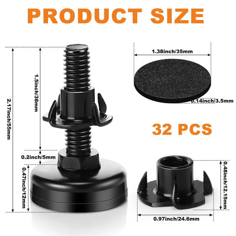 Kick The Wobble Adjustable Leveling Feet With T Nut Kit And Anti Skid Pads For Heavy Duty Tables Chairs Desks Cabinets 32 Piece Metal Leg Setup Matte Black measurements and components