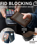 Slim Genuine Leather Wallet For Men With RFID Blocking shown near a card reader, demonstrating RFID blocking feature