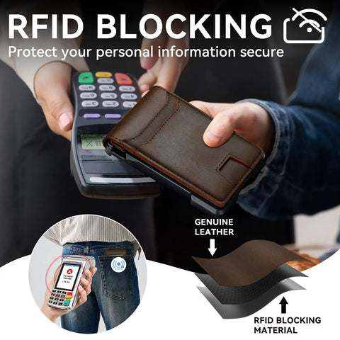 Slim Genuine Leather Wallet For Men With RFID Blocking shown near a card reader, demonstrating RFID blocking feature