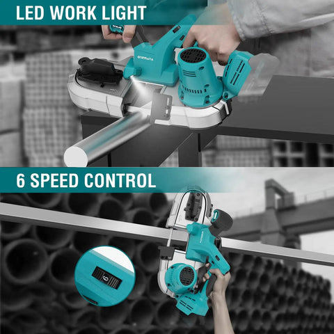 Cordless Bandsaw 20V Brushless Portable With 2.5 Inch Cutting Capacity, 6 Speeds For Metal And Wood, tool in use cutting pipe