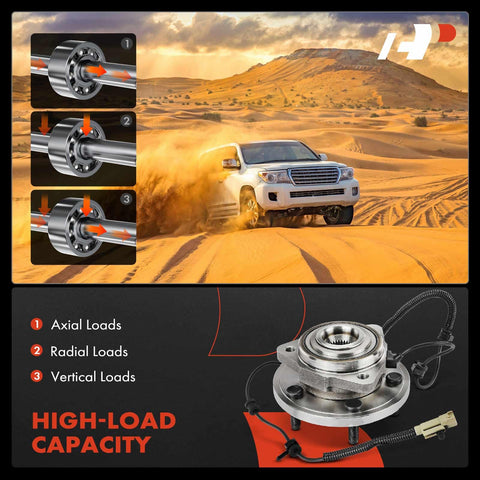 Vehicle driving on sandy terrain illustrating Pair Of Front Wheel Bearing And Hub Assemblies With ABS For Jeep Commander 2006 To 2010 And Grand Cherokee 2005 To 2010 5 Lug 4WD And RWD Heavy Duty Built For Smooth Quiet Rides with load capacity details.
