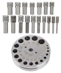 Pro Grade Disc Cutter Set For Jewelry Making With Seventeen Dies Heavy Duty Metal Forming Punch Tool arranged with circular base