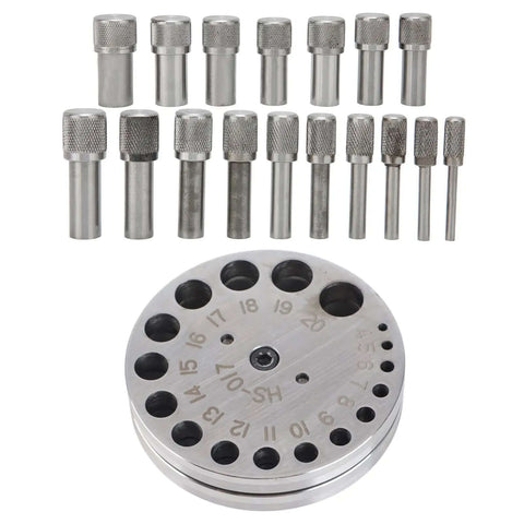 Steel Disc Cutter Set For Jewelry Making with 17 dies and durable 45 steel die discs, shown with punch tools for precise crafting.