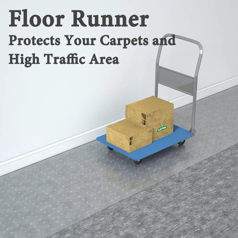 Plastic Floor Runner For Carpet Protection 27 Inch By 25 Foot Stain Resistant Non Slip Rug Protector in hallway with boxes