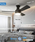 Modern 42 Inch Low Profile Ceiling Fan In Sleek Black With Whisper Quiet Motor providing airflow above a bed.