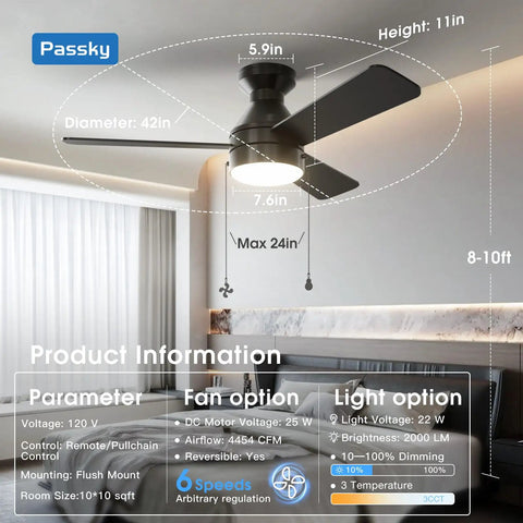 Modern 42 Inch Low Profile Ceiling Fan In Sleek Black With Whisper Quiet Motor providing airflow above a bed.
