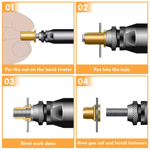 Illustration of using the Rock Solid 420 Piece Metric And Sae Rivet Nuts Assortment Kit for installing threaded inserts.