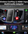 Car TV Mate Pro Wireless CarPlay Adapter 2 In 1 Magic AI Box in car showing streaming apps and media options on dashboard screen