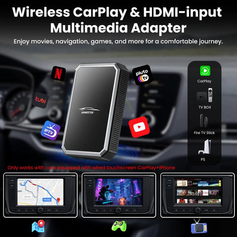 Car TV Mate Pro Wireless CarPlay Adapter 2 In 1 Magic AI Box in car showing streaming apps and media options on dashboard screen
