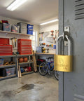 Delswin weatherproof padlock with key, solid brass, 1-9/16 in shackle, installed on metal door