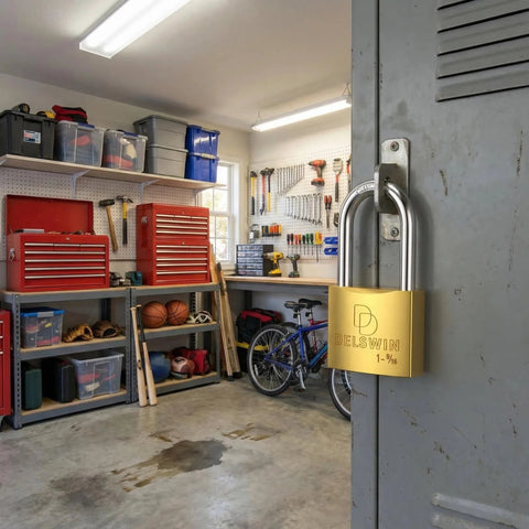 Delswin weatherproof padlock with key, solid brass, 1-9/16 in shackle, installed on metal door
