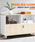 Heavy Duty Furniture And Workbench Casters Set Of Four Premium Polyurethane Wheels Dual Locking Brakes on a storage unit.