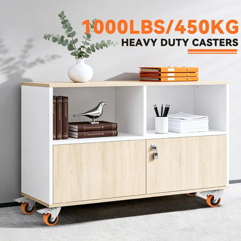 Heavy Duty Furniture And Workbench Casters Set Of Four Premium Polyurethane Wheels Dual Locking Brakes on a storage unit.