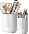 Two Piece Ceramic Utensil Holder Set For Kitchen Countertop White Fluted Crock Organizer Large 7.3 Inch And Small 5.4 Inch Holds Spatulas Spoons Ladles And Other Kitchen Tools