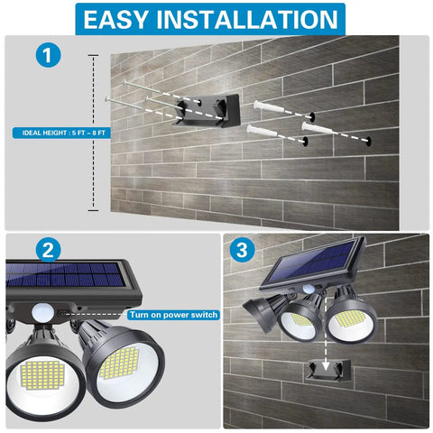 Installation guide for Solar Outdoor Motion Sensor Lights With 3 Adjustable Heads, 1000lm LED Flood Light, wall mounting steps shown