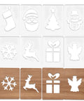 Top Shelf Acrylic Router Template Kit For Woodworkers Boasting Eight Killer Holiday Designs including shapes of Santa, snowflakes, and reindeer.