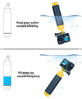 Floating Hand Grip With Mini Tripod Stand For Action Cameras Waterproof Pole Mount in water, showcasing buoyancy with camera attached.