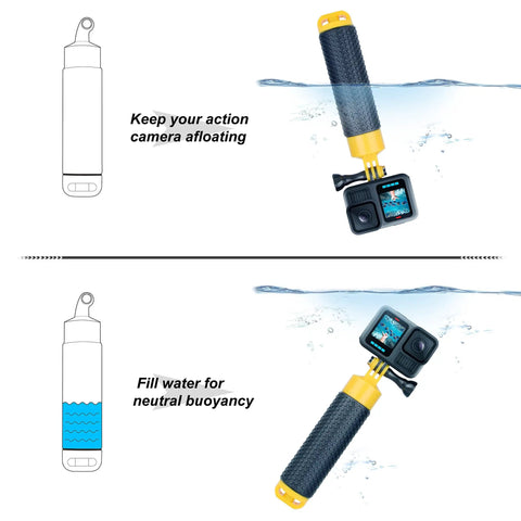 Floating Hand Grip With Mini Tripod Stand For Action Cameras Waterproof Pole Mount in water, showcasing buoyancy with camera attached.