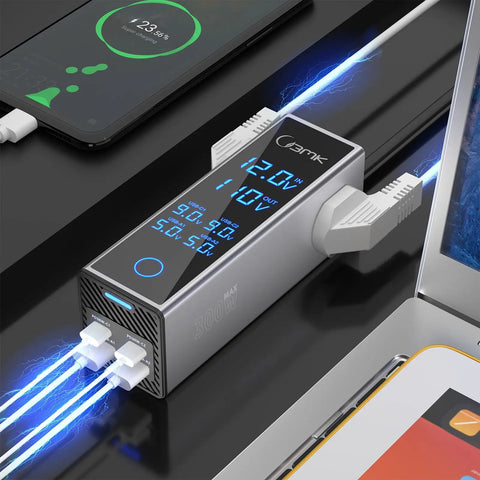 Road Trip Vibes 300W Car Power Inverter DC to AC Converter with PD 36W quick charge and USB ports connected to a laptop.