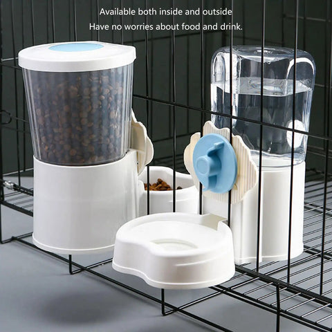 No Sweat Automatic Pet Water Dispenser And Food Feeder With Leakproof Bowl mounted on a crate, providing food and water.