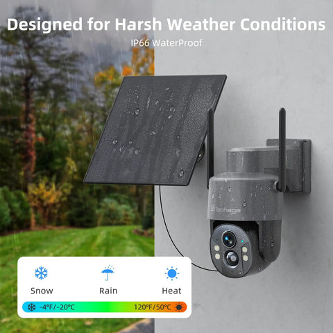 Solar Powered Outdoor Security Camera Wireless 2K WiFi With 360 Degree PTZ Color Night Vision PIR Motion Sensor on wall
