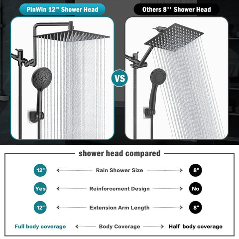 Comparison of PinWin 12 Inch Upgraded Adjustable Extension Arm Rain Shower Head And 6 Setting Handheld Shower Head Combo versus 8 Inch Shower Head showing differences in size, design, and coverage in matte black.