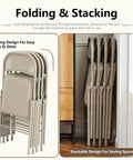 2 Pack Leather Padded Folding Chairs With Steel Frame Indoor Outdoor Portable Stackable Seats neatly stored against a wall
