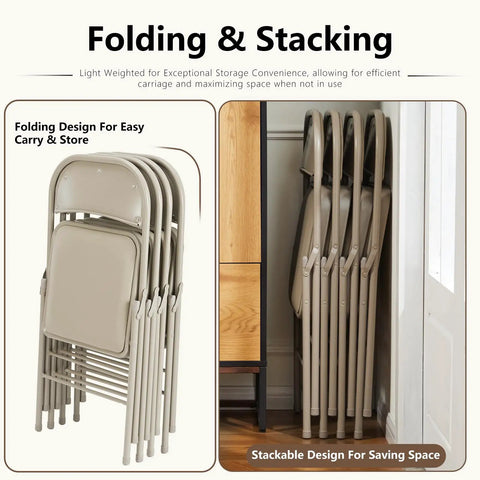 2 Pack Leather Padded Folding Chairs With Steel Frame Indoor Outdoor Portable Stackable Seats neatly stored against a wall