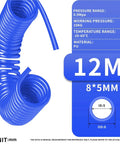 Heavy Duty Polyurethane Recoil Air Hose For Compressors 12 Meter Length, blue spring coil with 8x5mm dimensions.