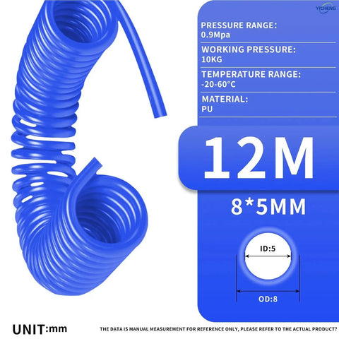 Heavy Duty Polyurethane Recoil Air Hose For Compressors 12 Meter Length, blue spring coil with 8x5mm dimensions.