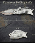 Fish Style Damascus Folding Knife With Ladder Pattern Blade Copper Finish Brass Engraved Handle And Leather Sheath Precision Edge For EDC Hunting Camping Ideal Gift For Men Husband Dad Groomsmen showing measurements