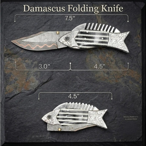 Fish Style Damascus Folding Knife With Ladder Pattern Blade Copper Finish Brass Engraved Handle And Leather Sheath Precision Edge For EDC Hunting Camping Ideal Gift For Men Husband Dad Groomsmen showing measurements