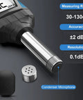 Close-up of Portable Decibel Meter With LCD Display and condenser microphone, showing features like measuring range and accuracy.