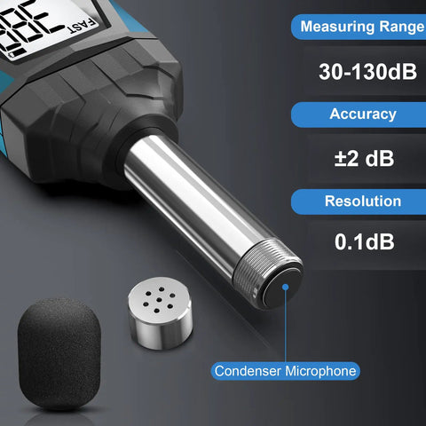 Close-up of Portable Decibel Meter With LCD Display and condenser microphone, showing features like measuring range and accuracy.