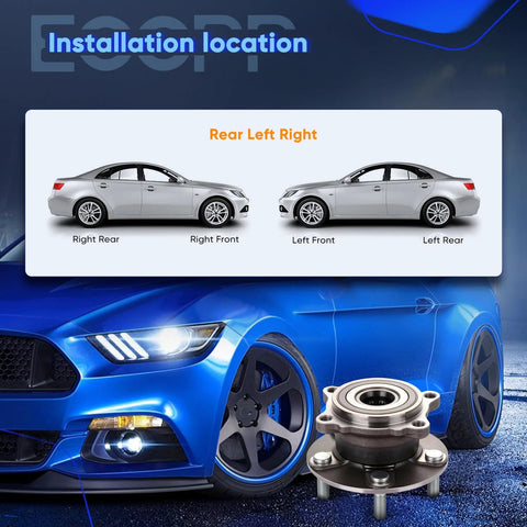 Rear Wheel Hub And Bearing Assembly OE 512382 For Mitsubishi Lancer 2008 Through 2015 And Outlander Sport 2007 Through 2012 RVR 2011 With ABS 5 Lug Wheel Hub 1 Piece Replacement shown with installation location guide and car image