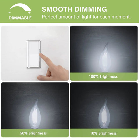 18 Pack Dimmable Candelabra LED Bulbs 40W Equivalent E12 Base CA10 Flame Tip Daylight 5000K 300 Lumens dimming display