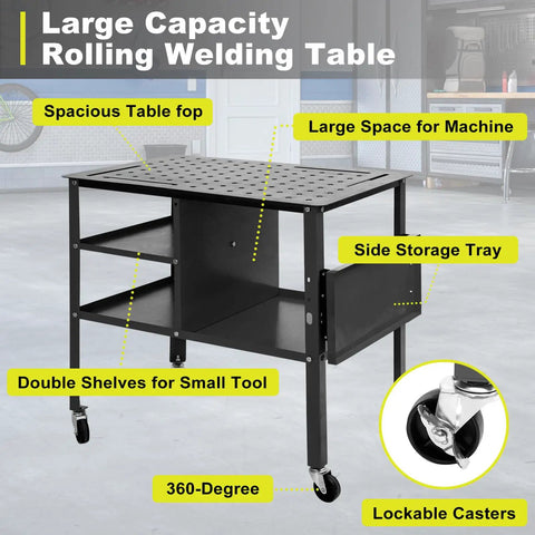 36 By 24 Inch Welding Table With Rolling Cart Heavy Duty Steel Workbench with fixture holes, shelves, and storage tray on wheels.