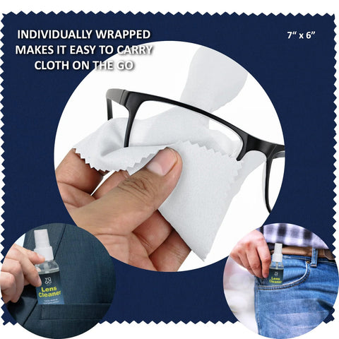 Lens cleaner spray kit with 10 microfiber cloths; hand wiping eyeglasses; spray bottle labeled Lens Cleaner.