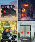 Heavy Duty No Rust 40 Mil Aluminum Slow Moving Vehicle Sign 14 By 16 Inches installed on various vehicles including UTV and golf cart