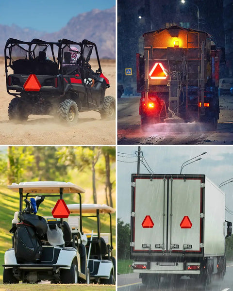 Heavy Duty No Rust 40 Mil Aluminum Slow Moving Vehicle Sign 14 By 16 Inches installed on various vehicles including UTV and golf cart