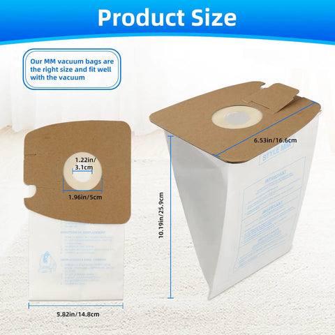 Dimensions of 20 Pack Replacement Filtration MM Paper Vacuum Cleaner Bags Compatible With MM Style Vacuums Mighty Mite 3670 3680 4100 5180 Series And Sanitaire S3680 Canisters Replaces 60295 60295A B C 60296 60297A.